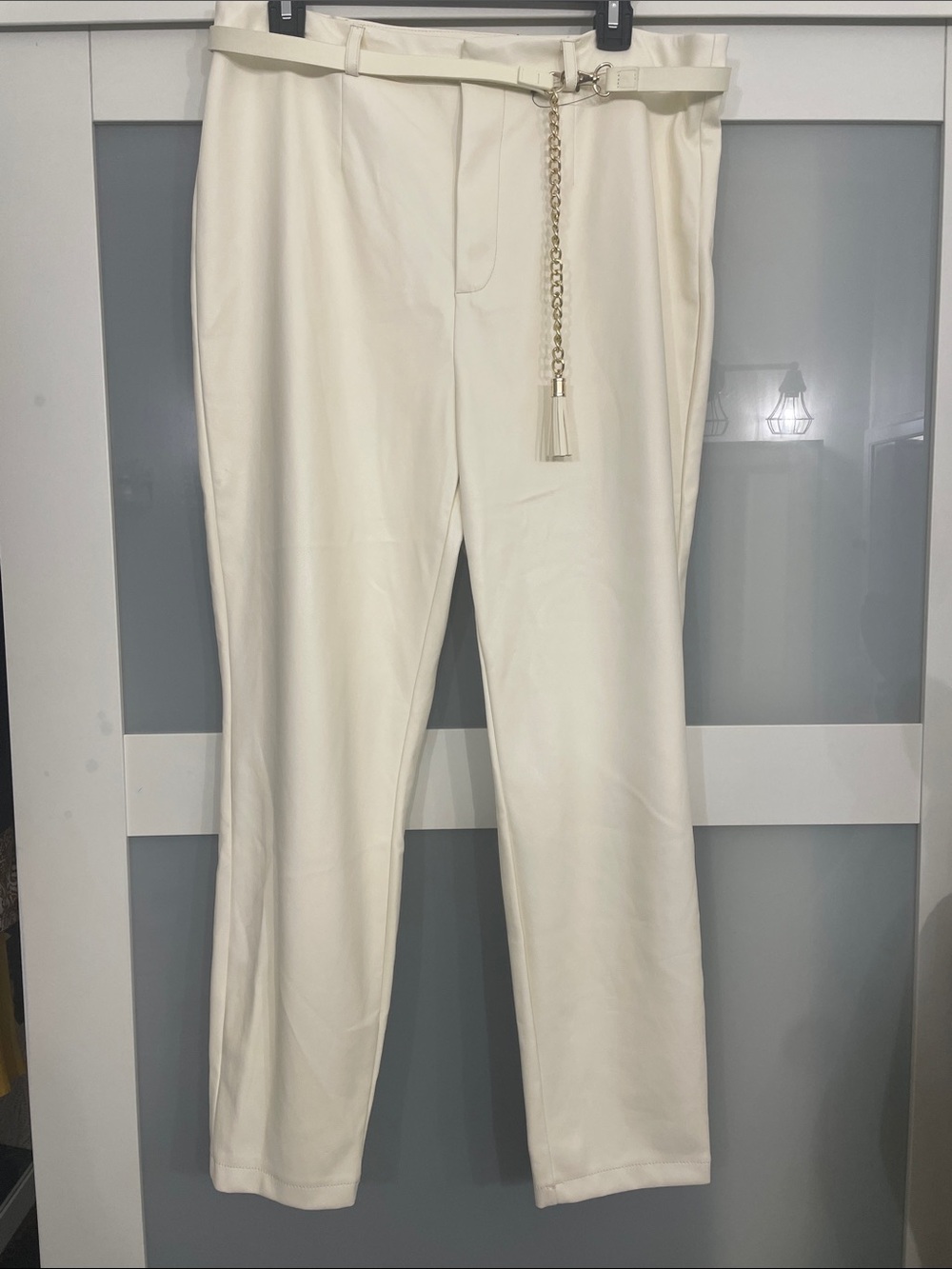 Women's Cream High-Rise Faux Leather Tailored Pants with Chain Belt